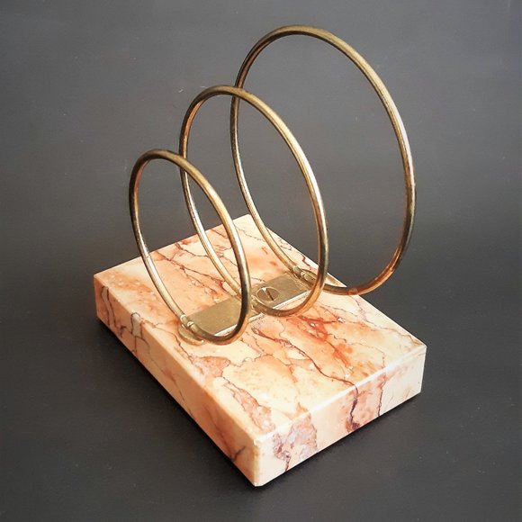 VTG Letter Holder Gadget Stand Pink Marble Brass Rings Art Deco Desk Accessories - Picture 1 of 9